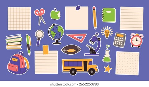 Back to school stickers. Doodle paper note, notebook, school bus, microscope and globe, scissors and star sticker, pen and pencil. Educational elements for student or classroom decor vector set.