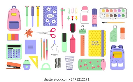 Back to school stickers and doodles. School supplies and accessories. Education, science. Vector drawing isolated on white.