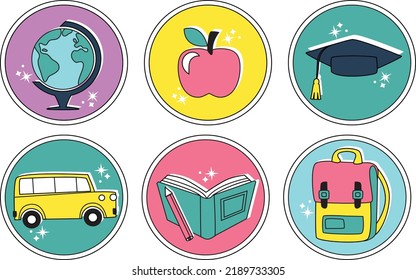 Back to School Stickers Graphic. This set perfect for your design postcards, invitations, posters, flyers.