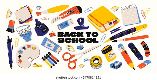 Back to school stickers. School items, stationery, notebooks, paper clips in retro groovy cartoon style. Vector for study, school, university