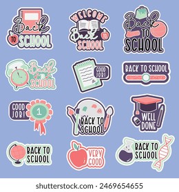 Back to School Stickers With Lettering Quotes. School graphic stickers. Abstract science college and elementary school badges with kids and science elements. Vector doodle emblems set