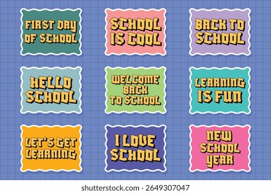 Back to School Stickers with Motivational Phrases Flat Vector Illustration.