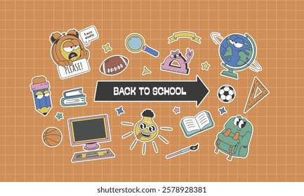 back to school stickers in retro cartoon style, vector illustration