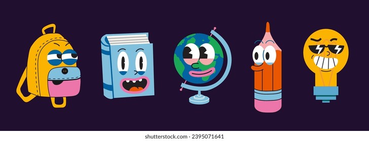 Back to school stickers set with funny cute comic characters. Retro groovy school supplies like backpack, book, globe, pencil and light bulb. Trendy modern vector illustration, hand drawn, flat