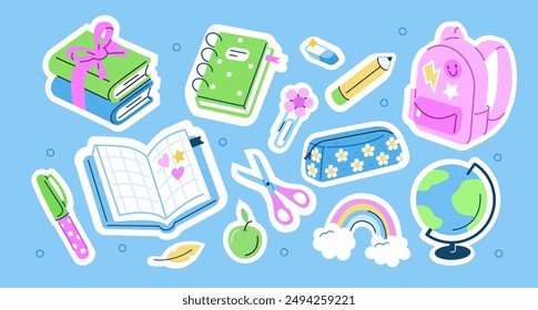 Back to school stickers set. School stationery scrapbooking collection. Backpack, notebooks, pen and other educational elements. Modern cartoon concept. Vector illustration.