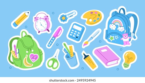 Back to school stickers set. School stationery scrapbooking collection. Backpack, book, pen and other educational elements. Modern cartoon concept. Vector illustration.