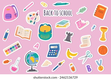 Back to school stickers. Set of school supplies and education stickers. Globe, student's backpack, sports equipment, paints, books, pen, pencil. Suitable for prints, scrapbooking, cards, paper crafts.