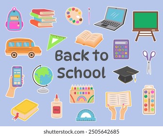 Back to school stickers. Set of school supplies and education stationery.
