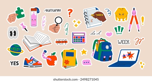 Back to school stickers set, trendy hand drawn supplies and lettering collection for college and elementary school concept. Contemporary vector illustration objects and elements, isolated background