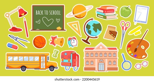 Back to school stickers set vector illustration. Cartoon isolated stationary equipment, paper notebook and books to study, school bus and building, blackboard on green background. Education concept