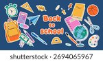 Back to school. Stickers of School Supplies,  Notebook, Globe, Eraser, Book, Palette, Alarm clock, Pencil. Vector isolated on white