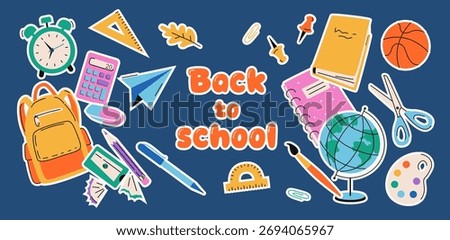 Back to school. Stickers of School Supplies,  Notebook, Globe, Eraser, Book, Palette, Alarm clock, Pencil. Vector isolated on white