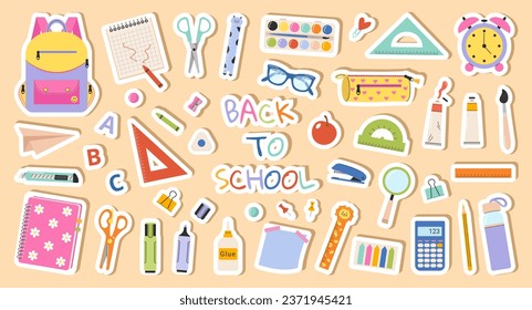 Back to school stickers vector. Set of cartoon school supplies isolated. Suitable for printing, cards, scrapbooking, notepads. Knowledge for all.