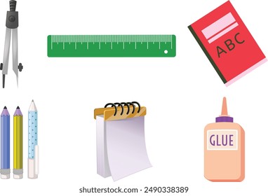 Back to school stickers vector. Set of cartoon school supplies isolated. Suitable for printing, cards, scrapbooking, notepads. Knowledge for all,  pencils, brushes, paints, ruler, sharpener, stickers.