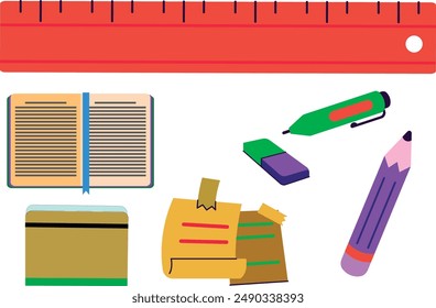 Back to school stickers vector. Set of cartoon school supplies isolated. Suitable for printing, cards, scrapbooking, notepads. Knowledge for all,  pencils, brushes, paints, ruler, sharpener, stickers.