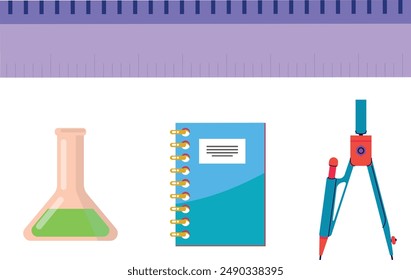 Back to school stickers vector. Set of cartoon school supplies isolated. Suitable for printing, cards, scrapbooking, notepads. Knowledge for all,  pencils, brushes, paints, ruler, sharpener, stickers.