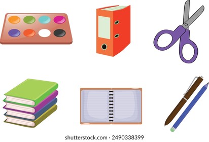 Back to school stickers vector. Set of cartoon school supplies isolated. Suitable for printing, cards, scrapbooking, notepads. Knowledge for all,  pencils, brushes, paints, ruler, sharpener, stickers.