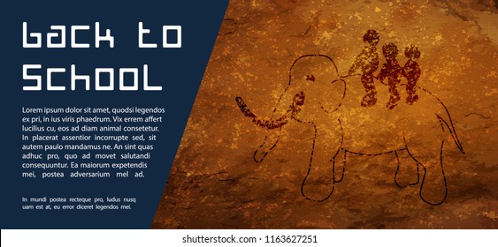 Back to School Stone Age Background. Cave drawings. Text back to school on a rock. Design element for the design of leaflets, cards, envelopes, covers, flyers sales