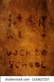 Back to School Stone Age Background. Cave drawings. Text back to school on a rock. Design element for the design of leaflets, cards, envelopes, covers, flyers sales