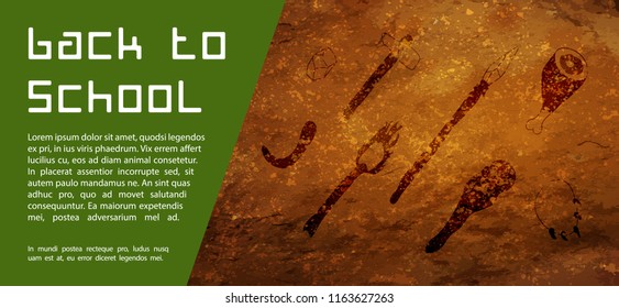 Back to School Stone Age Background. Cave drawings. Text back to school on a rock. Design element for the design of leaflets, cards, envelopes, covers, flyers sales