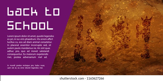 Back to School Stone Age Background. Cave drawings. Text back to school on a rock. Design element for the design of leaflets, cards, envelopes, covers, flyers sales