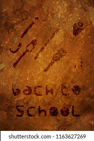 Back to School Stone Age Background. Cave drawings. Text back to school on a rock. Design element for the design of leaflets, cards, envelopes, covers, flyers sales