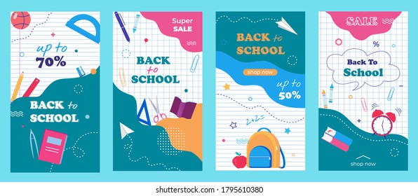 Back To School Stories Template For Social Media, Apps, Print. Sale Flyers Set With A Modern Abstract, Notebook Paper Background And School Items Vector Illustration.