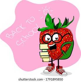 Back to school strawberry fruit character with many books in hands. Funny pupil