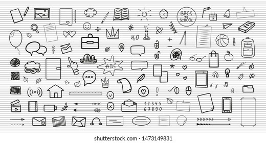 Back to school. Stripe texture. Set of school supplies on isolated background. Collection of different signs. Hand drawn elements. Welcome back to school design. Abstract education illustration