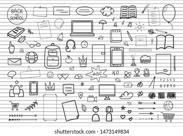 Back to school. Stripe texture. Set of school supplies on isolated background. Collection of different signs. Hand drawn elements. Welcome back to school design. Abstract education illustration