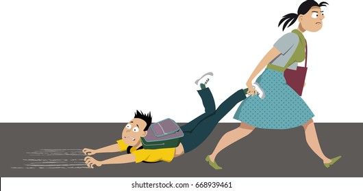 Back To School Struggle. Mother Dragging An Anxious Kid To School, EPS 8 Vector Illustration