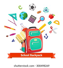 Back to school. Student backpack exploding with education objects. Flat style vector illustration isolated on white background.