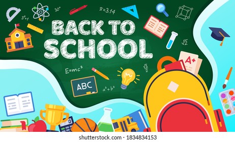 Back to school. Student backpack with teaching supplies book, pencil and ruler. Notebook, calculator and book, education vector poster. Illustration back to school, learning college - Powered by Shutterstock - Get 15% off with code: PIKWIZARD15