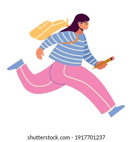 back to school, student with bag and pencil running vector illustration