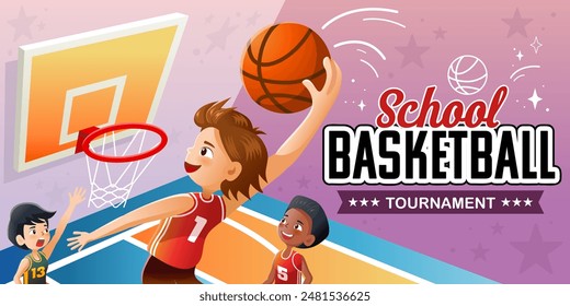 Back to school. Student basketball competition A boy is shooting a basketball. School basketball tournament banner.