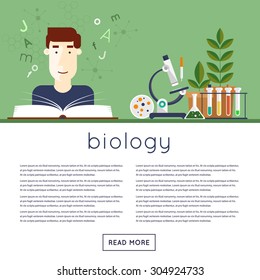 Back to school, the student in biology class reads textbook. Flat design vector illustration.