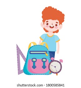 de vuelta a la escuela, niño estudiante mochila reloj de la regla de educación elemental caricatura ilustración vectorial