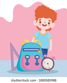 zurück zur Schule, Studentenjunge Rucksack-Lineal für Elementarschulen, Vektorgrafik