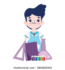 back to school, student boy book chemistry flask ruler palette color elementary education cartoon vector illustration