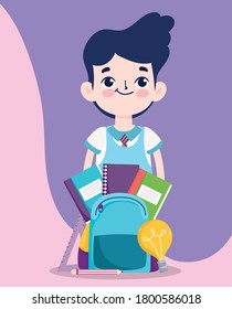 back to school, student boy books bag pencils elementary education cartoon vector illustration