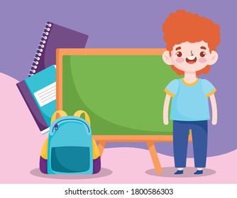 de vuelta a la escuela, los libros para niños escolares pizarra y bolsas de educación elemental dibujos animados ilustrativos vectores
