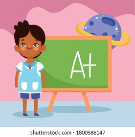 back to school, student boy chalkboard planet science elementary education cartoon vector illustration