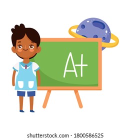 back to school, student boy chalkboard planet science elementary education cartoon vector illustration