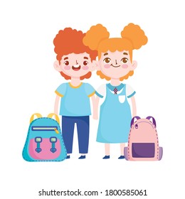 back to school, student boy computer bag and clock elementary education cartoon vector illustration