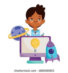 de vuelta a la escuela, niño estudiante planeta computadora cohete educación elemental cartografía ilustración vectorial