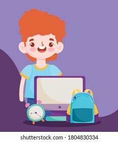 back to school, student boy computer bag and clock elementary education cartoon vector illustration
