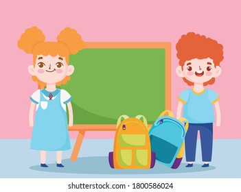 back to school, student boy and girl chalkboard bags elementary education cartoon vector illustration
