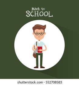 back to school student boy glasses bag book green background