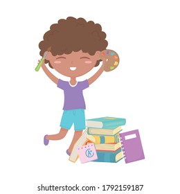 back to school, student boy with palette color brush and books education cartoon vector illustration