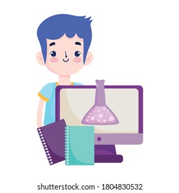 de vuelta a la escuela, niños de edad estudiante libros de texto tubo de ensayo de química informática enseñanza elemental caricatura ilustración vectorial